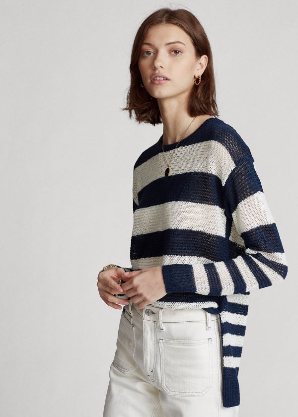 Polo Ralph Lauren Striped Linen Striktrøje Dame Danmark (LHEOR3496)